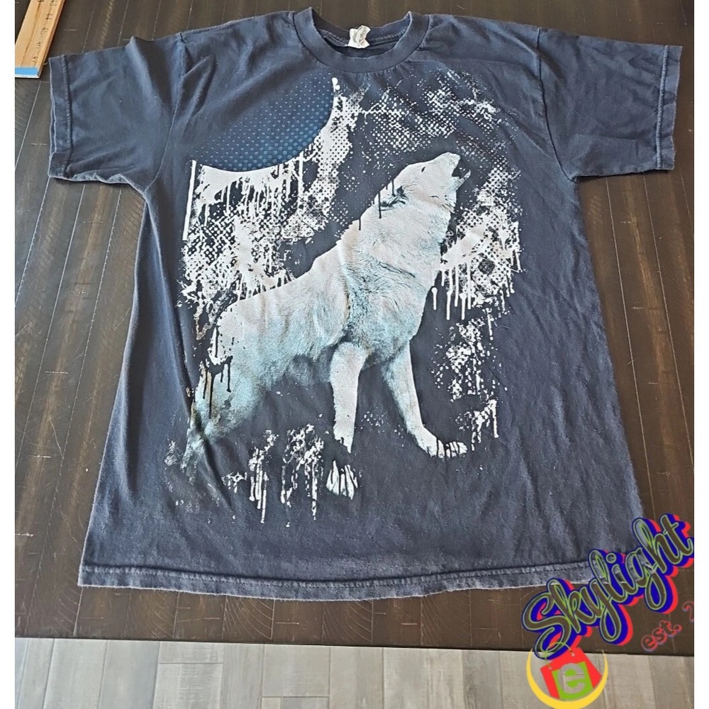 Alstyle Men's Blue Vintage Howling Wolf White Black T Shirt Size Large‎